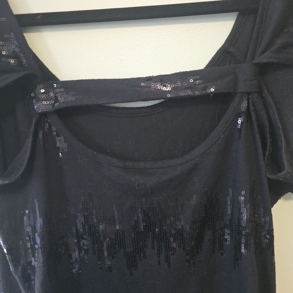 BCX Black Sequin Flutter Sleeve Blouse - Picture 6 of 7